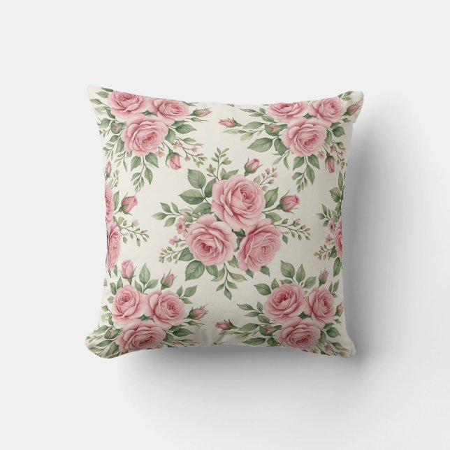 Coussin Roses à l'aquarelle rose vintage motif floral sans (Recto)