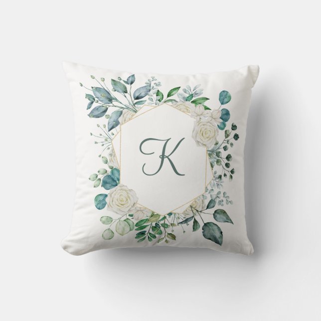 Coussin Roses blanches à motif monogrammé et verdure Eucal (Recto)