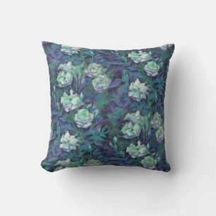 Coussin "Roses blanches, feuilles bleus", empreinte floral