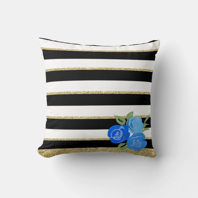 Coussin Roses bleus sur noir, blanc, Gold Stripes Cushion (Recto)