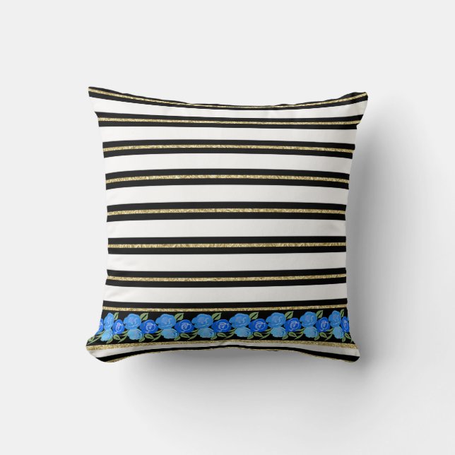 Coussin Roses bleus sur noir, blanc, Gold Stripes Cushion (Recto)