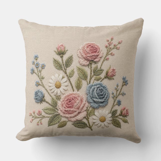 Coussin Roses Brodées Blush & Bleu (Recto)