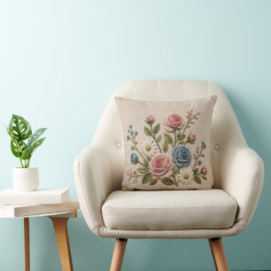 Coussin Roses Brodées Blush & Bleu