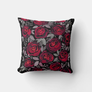 Coussin Roses d'aquarelle, roses rouges sur noir