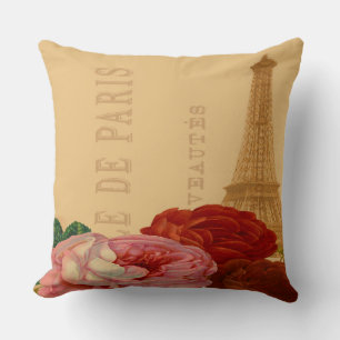 Coussin Roses d'art vintage Paris et Tour Eiffel