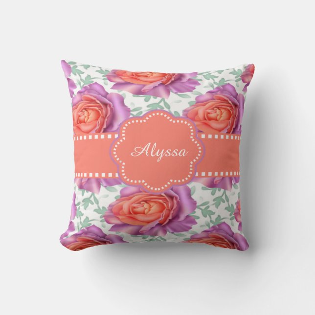 Coussin Roses de corail pourpres personnalisés (Recto)