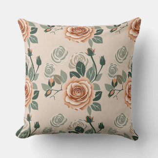 Coussin Roses de style boho en orange pastel et vert sauge