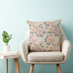 Coussin Roses délicates à l'aquarelle dans des couleurs pa