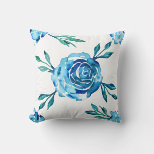 Coussin Roses et feuillage bleus à l'aquarelle