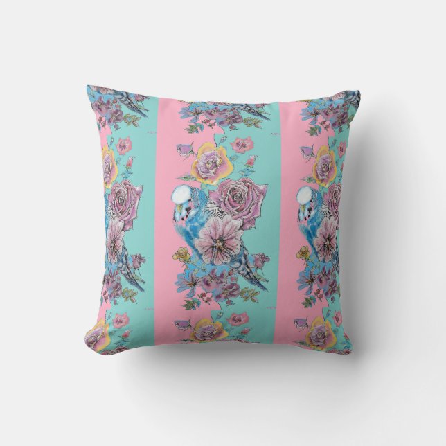 Coussin Roses floraux roses Budgie Bird Femmes Aqua rose (Recto)