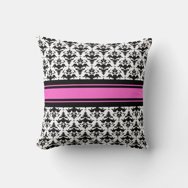 Coussin Roses indien, damassé française noire et blanche (Recto)