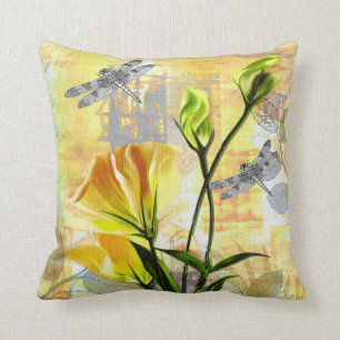 Coussin Roses jaunes et libellules dans la bruyère