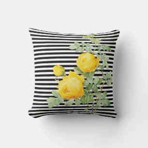Coussin Roses jaunes vintages sur bandes noires et blanche