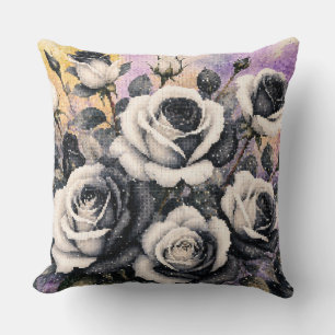 Coussin Roses noires et blanches de style géométrique aqua