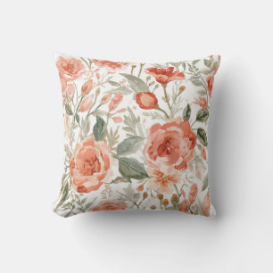 Coussin Roses orange aquarelle botanique corail floral