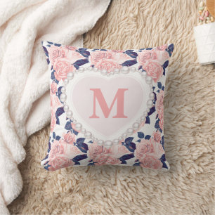 Coussin  Roses roses navires bleu floral Perle Monogramme 