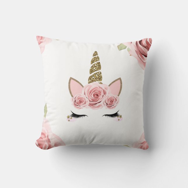 Coussin Roses roses pailletées licorne tendance mignonnes (Recto)