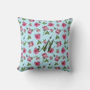 Coussin Roses roses rose motif sur monogramme bleu Lancer 
