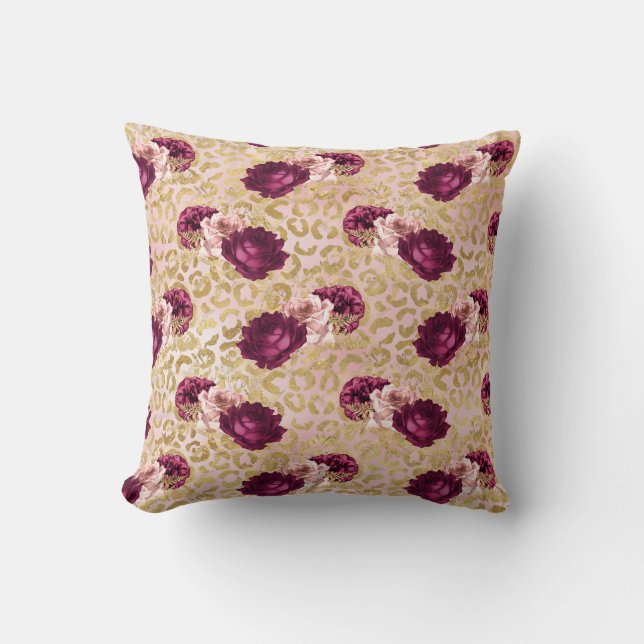 Coussin Roses roses roses d'or Empreinte de léopard Floral (Recto)