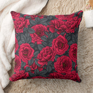 Coussin Roses rouges avec feuilles gris sur noir