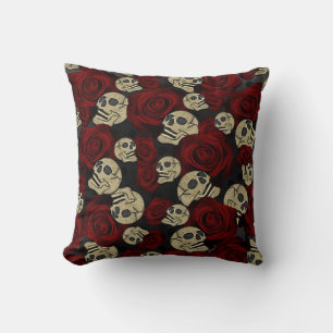 Coussin Roses Rouges & Crânes Floral Gothique Gris Noir