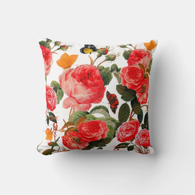 Coussin ROSES ROUGES ET BOUTEILLES JAUNES Floral blanc (Recto)