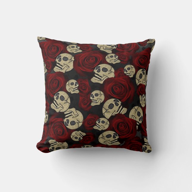 Coussin Roses rouges et crânes gris noir floral gothique (Recto)
