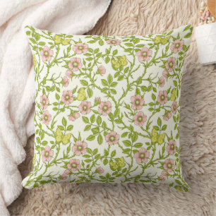 Coussin Roses sauvages et papillons /rose/vert pâle/jaune