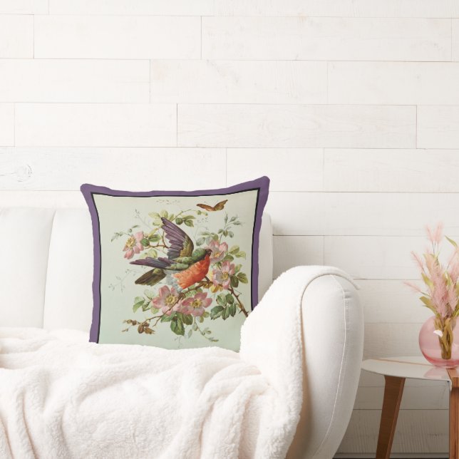 Coussin Roses sauvages roses et oiseaux (Canapé)