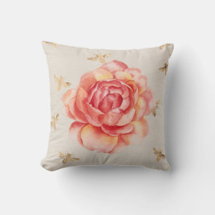 Coussin Roses sur fond blanc avec abeilles dorées