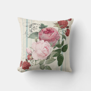 Coussin Roses vintages français sur lin rayé faux bleu
