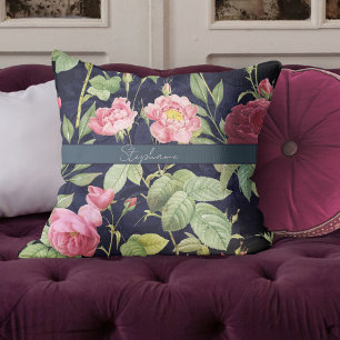 Coussin Roses vintages Sur Un Velours Bleu Foncé Nom