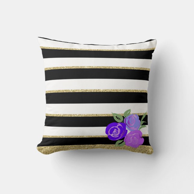 Coussin Roses violets sur noir, blanc, Gold Stripes Cushio (Recto)