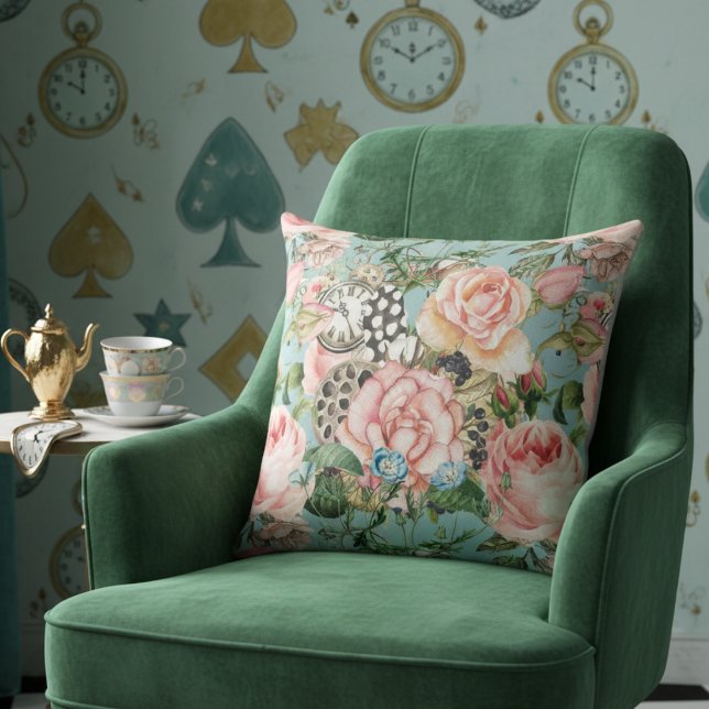 Coussin Roses Whimsics Modernes Et Horloges Motif Bleu (Créateur téléchargé)