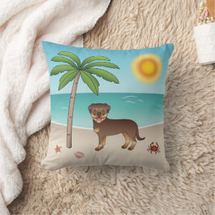 Coussin Rottweiler rouge et fauve sur une plage tropicale 