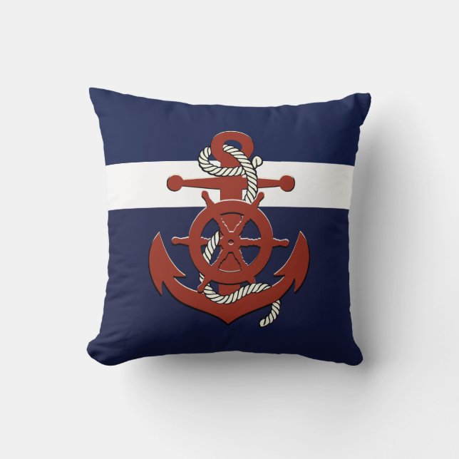 Coussin Roue/ancre du navire rouge nautique Jeu bleu marin (Recto)