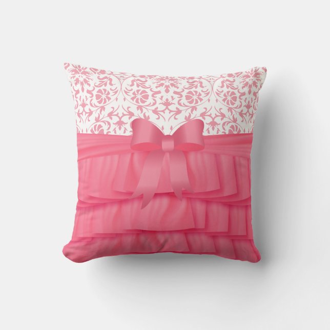 Coussin Rouffes en Satin Rose et Bow Rose sur Damask (Recto)