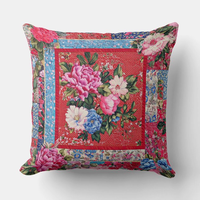 Coussin Rouge à l'air brodé Chinoiserie Peony Patchwork (Recto)