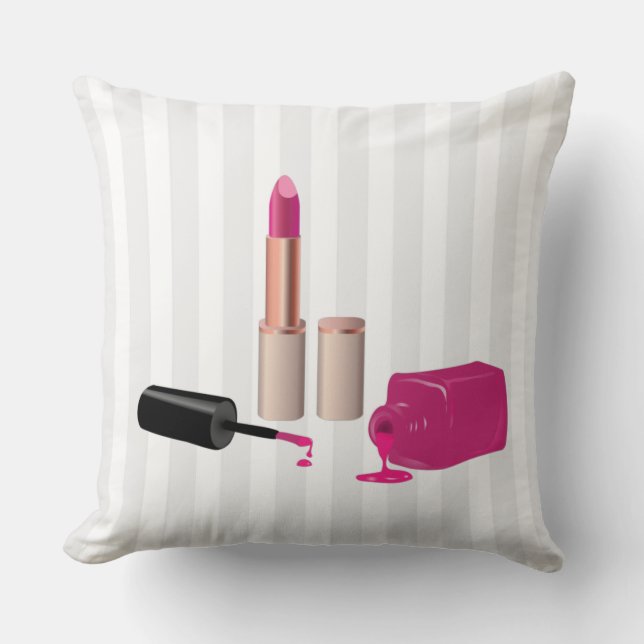 Coussin Rouge à lèvres rose et ongle Polonais beauté thème (Recto)