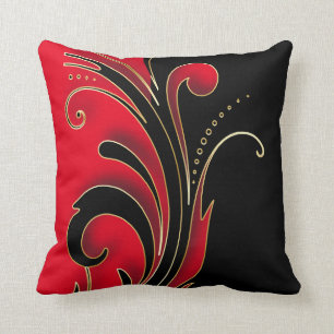 Coussin Rouge avec le motif fleuri noir de conception