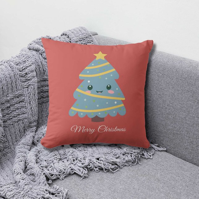 Coussin rouge avec un joli sapin de Noël (Red Pillow with a Cute Christmas Tree)