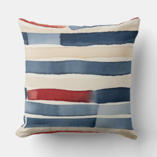 Coussin Rouge Blanc bleu et beige rayures Abstraites
