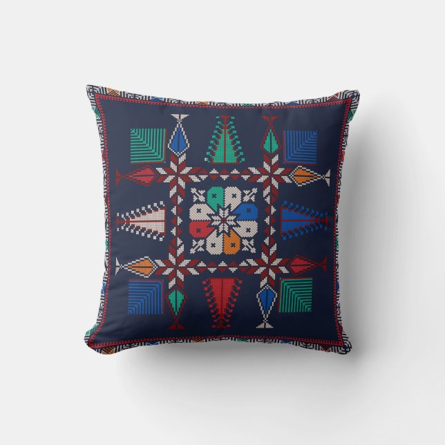 Coussin Rouge, Bleu, Vert, Motif tatreez orange (Recto)