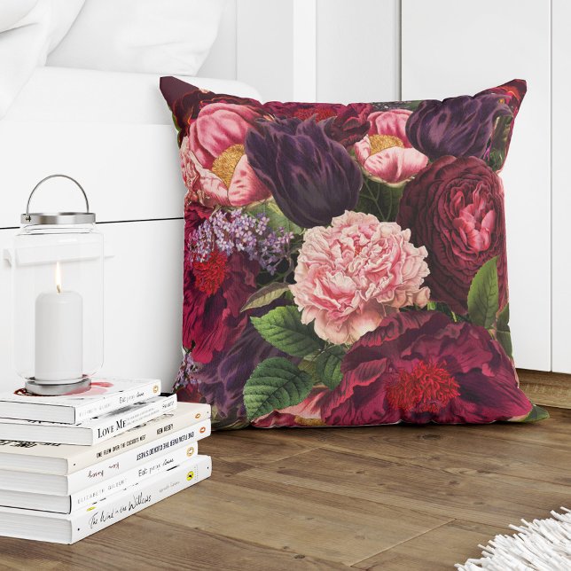 Coussin Rouge bordeaux, fleurs violettes profondes et rose (Créateur téléchargé)