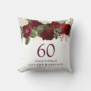 Coussin Rouge Bourgogne Rose 60e anniversaire Cadeau