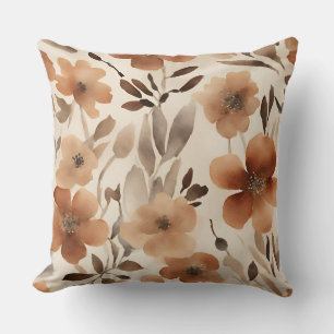Coussin Rouge Brûlé Rouille Brun Beige Floral Aquarelle