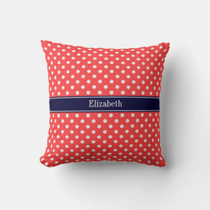 Coussin Rouge Corail, Points Blancs Monogramme Nom Bleu Ma