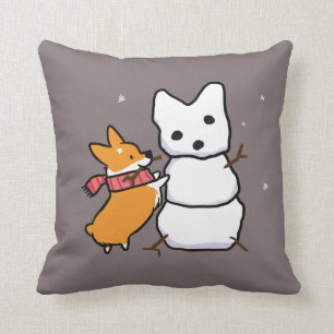 Coussin rouge de corgi de bonhomme de neige