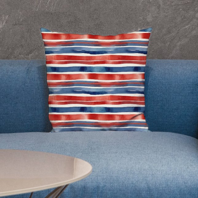 Coussin Rouge Et Bleu Modernes Aquarelle Américaine (Créateur téléchargé)