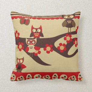Coussin rouge et Brown de hiboux